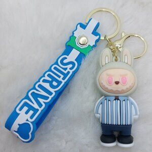 2/$25 Labubu blue strip shirt keychain with strap "Strive"